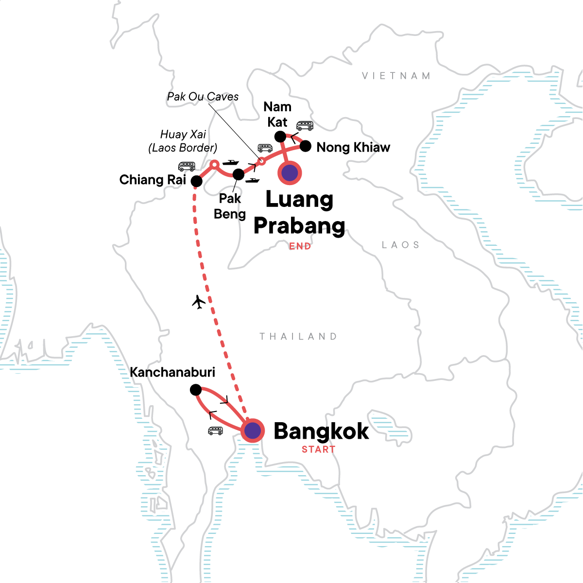 Thailand to Laos: Kanchanaburi, Chiang Rai & Laos Countryside